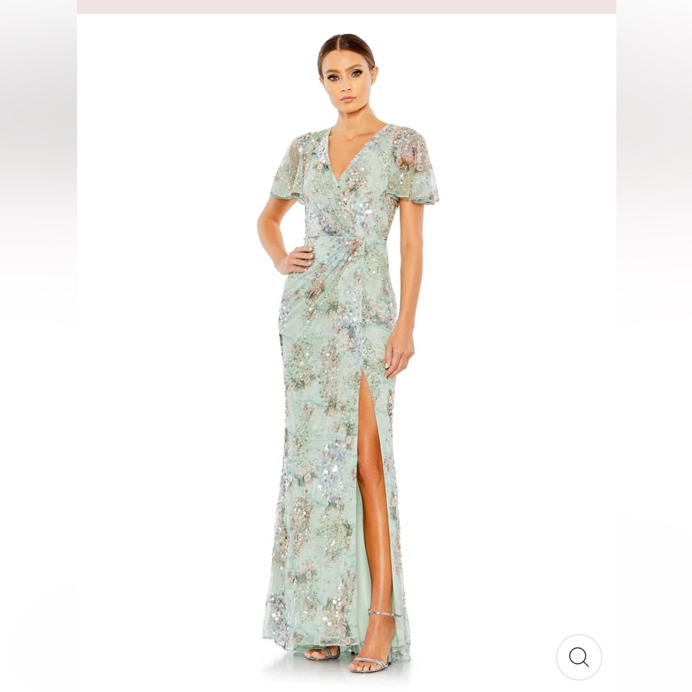 MAC DUGGAL Embellished Butterfly Sleeve Faux Wrap Gown - Seamist